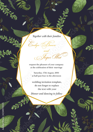 Wedding floral invitation, invite card. Vector watercolor style, forest fern, branches boxwood, buxus, vertical geometric golden frame