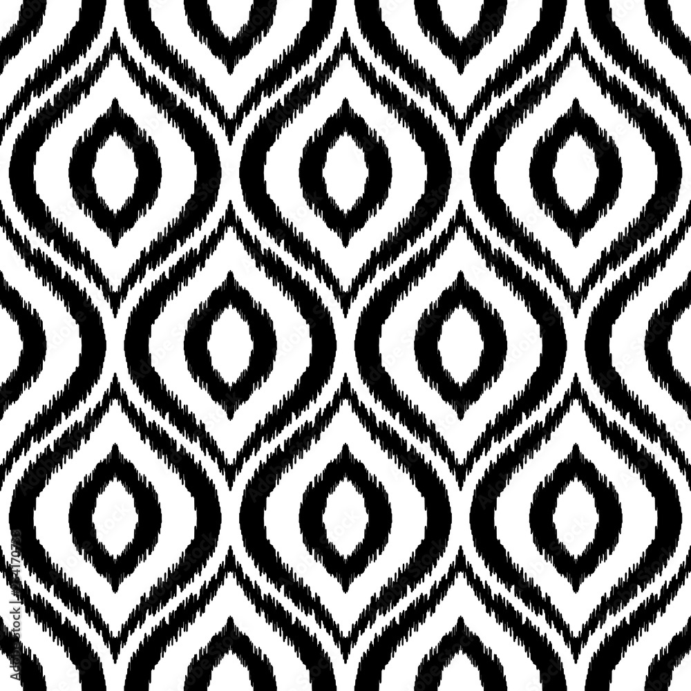 Ikat ogee seamless pattern. Can be used for textile, wallpaper, wrapping paper, greeting card background, phone case print. Black and white graphic vector design. Abstract ornament in ethnic style. Ikat ogee seamless pattern. Can be used for textile, wallpaper, wrapping paper, greeting card background, phone case print. Black and white graphic vector design. Abstract ornament in ethnic style.