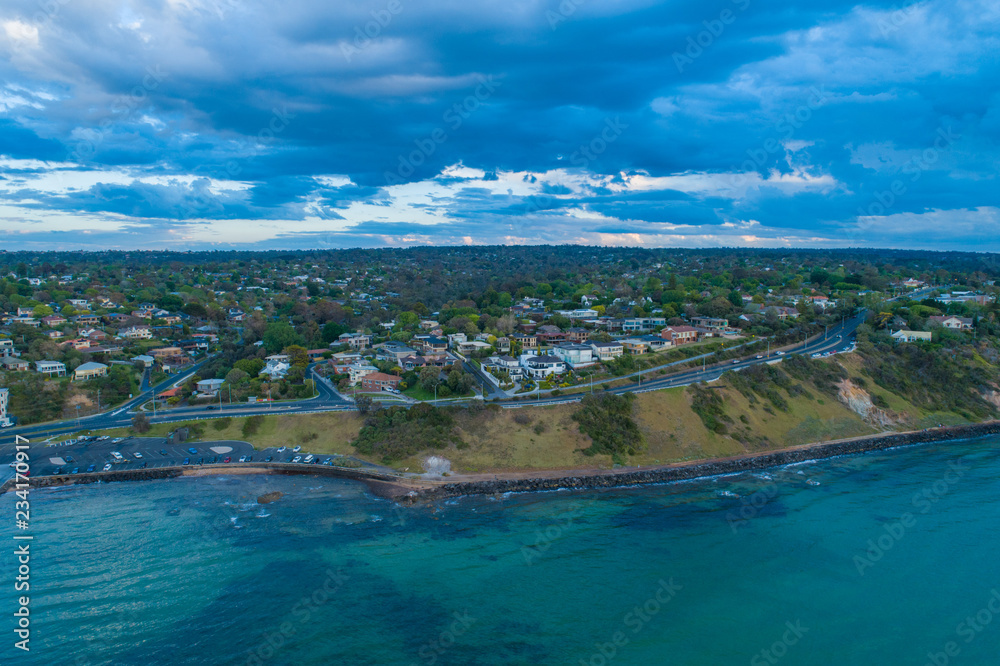 Aerial view of Oliver's Hill overlooking the Port Phillip Bay at sunset. Melbourne, Victoria, Australia