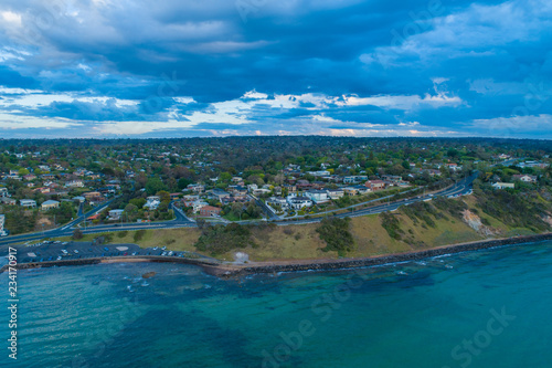 Aerial view of Oliver's Hill overlooking the Port Phillip Bay at sunset. Melbourne, Victoria, Australia