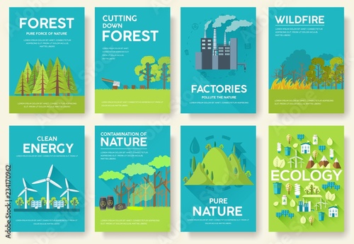 Ecology information cards set. Ecological template of flyear, magazines, posters, book cover, banners. Eco infographic concept background. Layout illustrations modern pages with typography text
