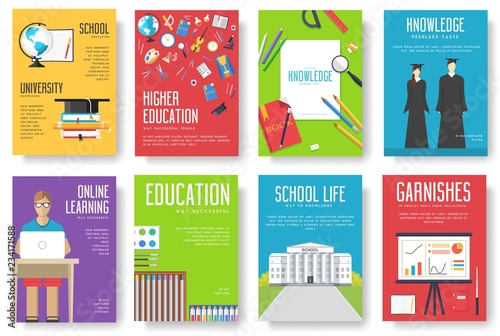 Back to school information cards set. Student template of flyear, magazines, posters, book cover, banners. College education infographic concept background. Layout illustrations modern pages 