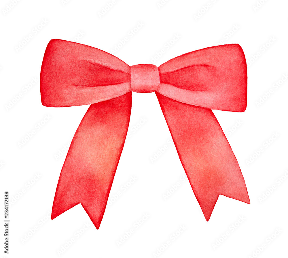 Bright red decorative ribbon tied in bow. One single object, front view