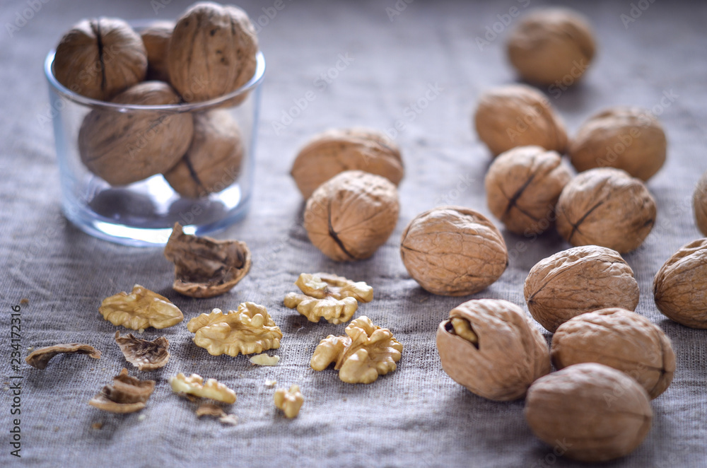 Walnuts on canvas. The shell of the nuts, nut core. Walnuts on canvas. The shell of the nuts, nut core.
