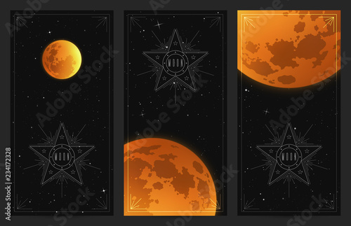 Set of vertical banners with full moon in night starry sky. Space background with Earth Satellite. Cards for design with yellow luminous heavenly body.