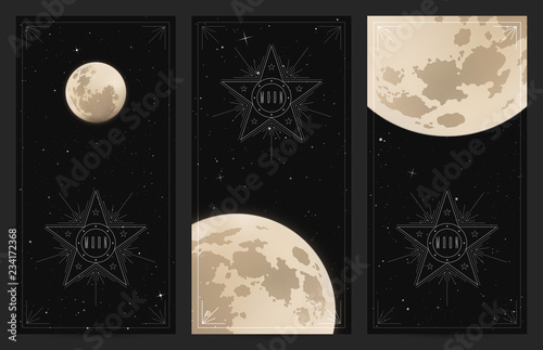 Set of vertical banners with full moon in night starry sky. Space background with Earth Satellite. Cards for design with white luminous heavenly body.