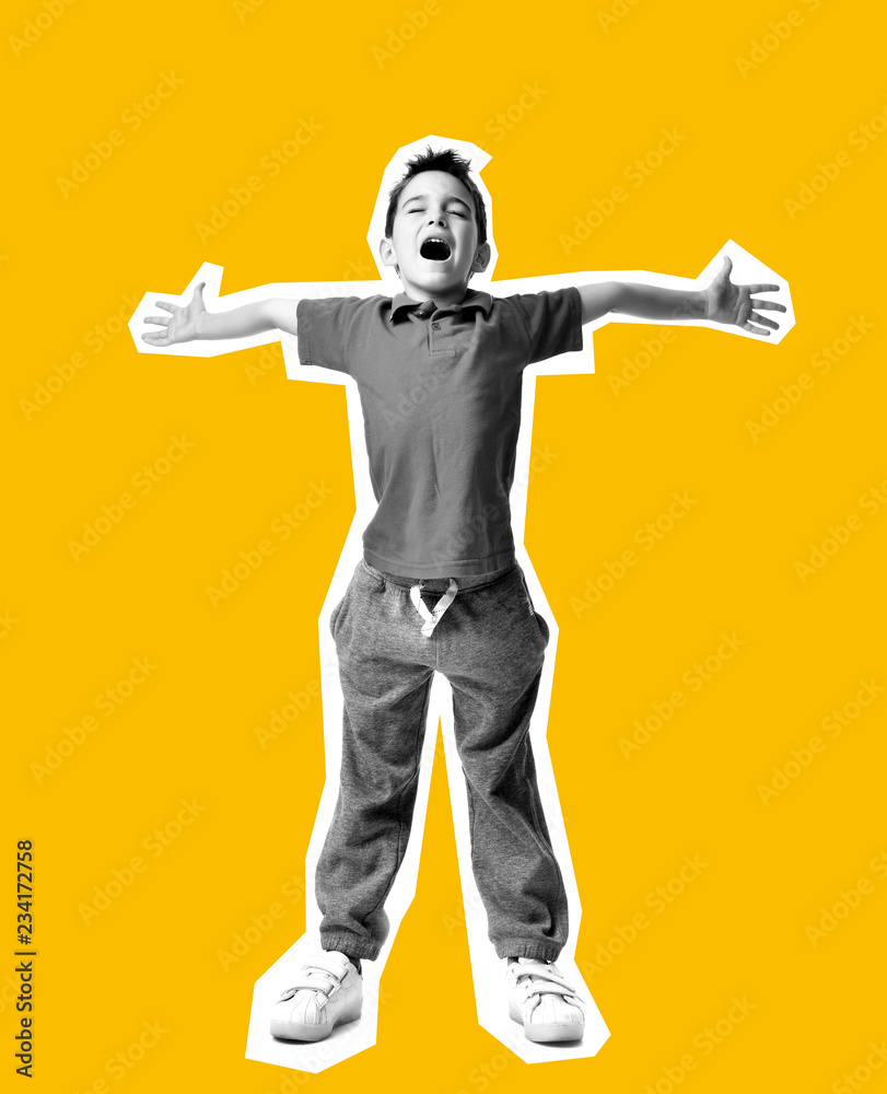 Magazine style collage with colorful emotional young boy kid spread hands up crazy screaming laughing Magazine style collage with colorful emotional young boy kid spread hands up crazy screaming laughing