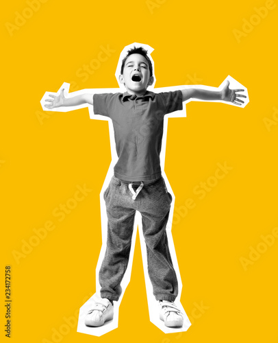 Magazine style collage with colorful emotional young boy kid spread hands up crazy screaming laughing © Dmitry Lobanov