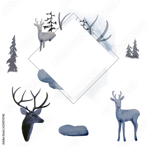 Watercolor diamond frame with deer and deer set