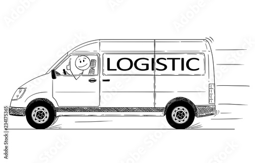 Cartoon stick drawing conceptual illustration of driver of fast driving generic delivery van with logistic text showing thumbs up gesture.