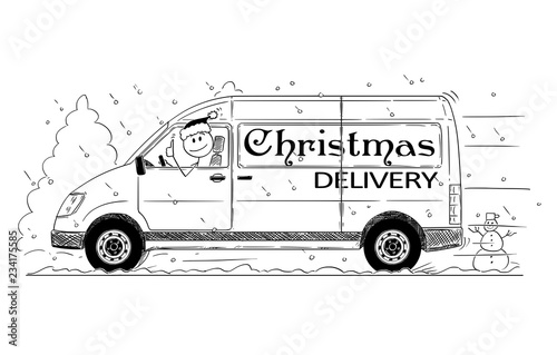 Cartoon stick drawing conceptual illustration of driver of fast driving generic delivery van with Christmas delivery text showing thumbs up gesture.