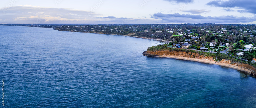 Wide aerial panorama of luxury houses on Mornington Peninsula