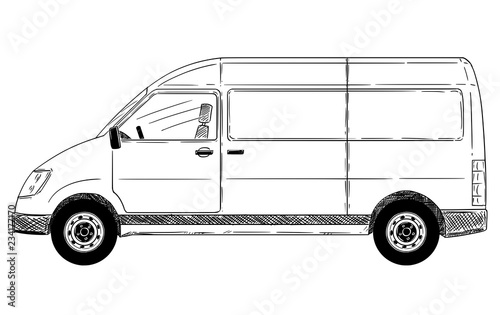 Cartoon stick drawing conceptual illustration of side view of generic delivery van.