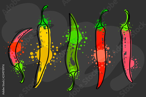 Watercolor colorful vegetables set red chili pepper, close-up isolated on black background.