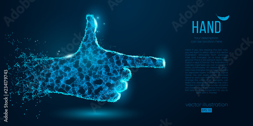 Abstract silhouette of a hand points finger from particles, lines and triangles on blue background. Elements on a separate layers color can be changed to any other in one click. Vector illustration