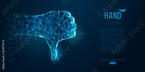 Abstract silhouette of a hand finger down from particles, lines and triangles on blue background. Elements on a separate layers color can be changed to any other in one click. Vector illustration