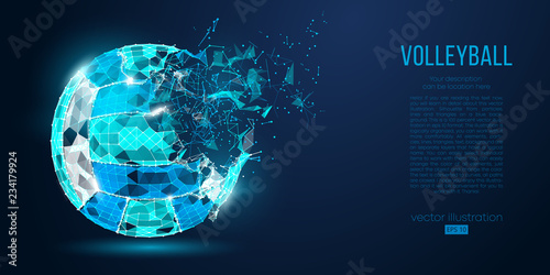 Abstract silhouette of a volleyball ball from particles, lines and triangles on blue background. Neon light. Elements on a separate layers color can be changed in one click. Vector illustration