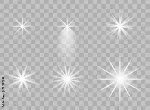 The selection of the transparent elements of light on an isolated background. Bright reflection, flare. Shining star. Glaring effulgence. Vector illustration.