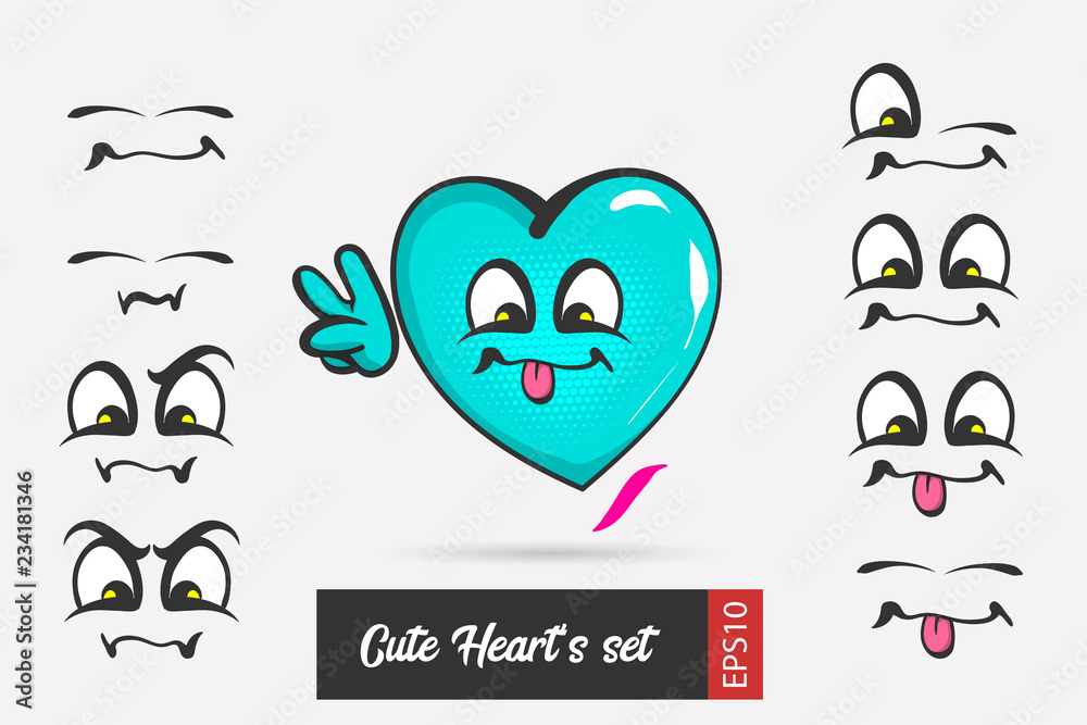 Set cartoon emotion face valentines day heart Set cartoon emotion face valentines day heart
