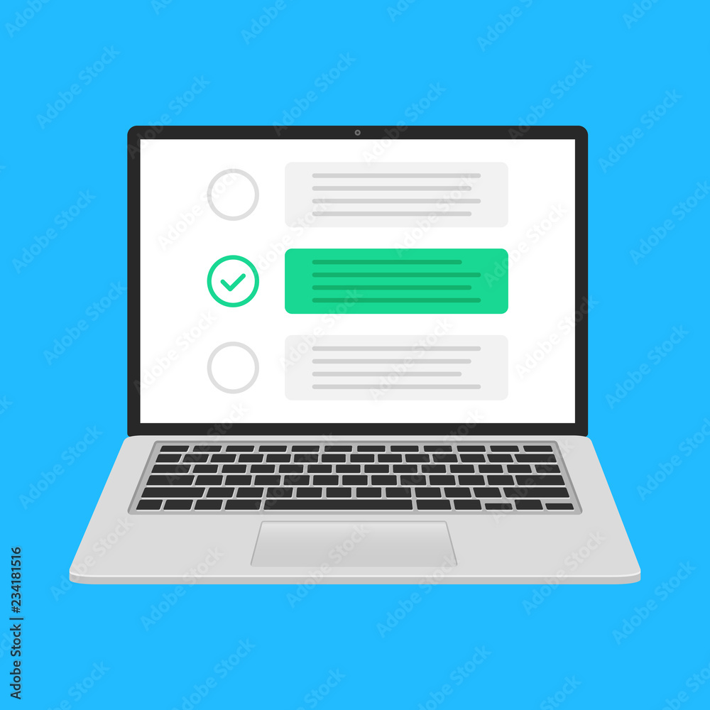 Laptop and checklist. Notebook with checkboxes and green check mark. Online survey, check list, form concepts. Flat design. Vector illustration Laptop and checklist. Notebook with checkboxes and green check mark. Online survey, check list, form concepts. Flat design. Vector illustration