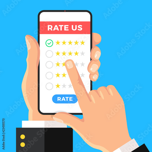 Rate us. Hand holding smartphone with rating stars and checkboxes on screen. Green check mark near five stars. Rate our app, online survey, customer review. Modern flat design. Vector illustration