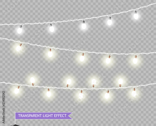 Christmas lights. decorative design elements on isolated background. Vector Xmas glowing lights. Garlands to decorate shop posters  banners  holiday cards for the New year.