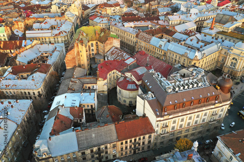 Aerial view of the historical center of Lviv, Ukraine. UNESCO's cultural heritage