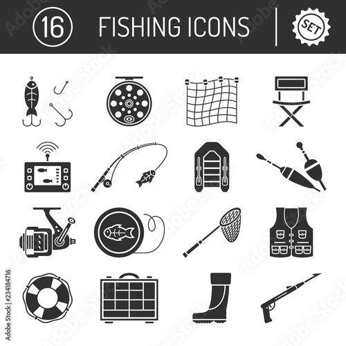 Set of Fishing icons in silhouette flat style isolated on white background.