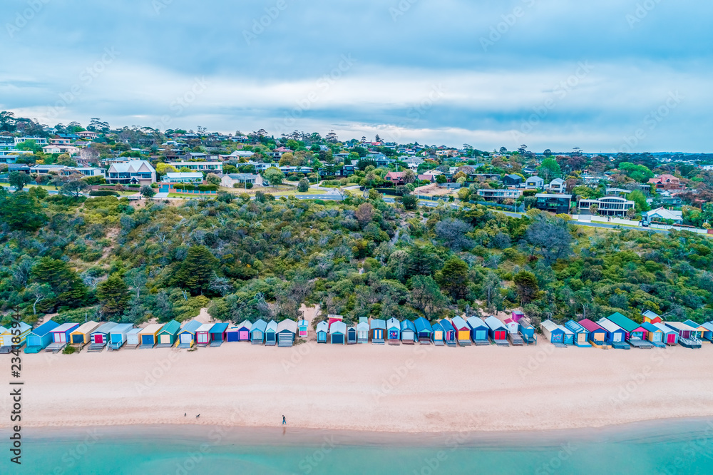 Aerial view of colorful beach huts on Mills Beach in Mornington, Victoria, Australia