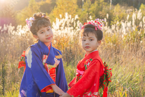 Two girls wearing kimonos in the thin and wild plants of autumn photo