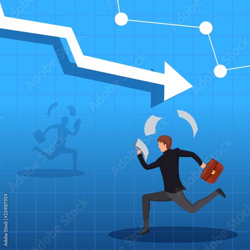 Man runs in panic dropping paper. The collapse of the market, falling stocks, investment outflow, panic in the economic sector of the market. Stock news vector illustration