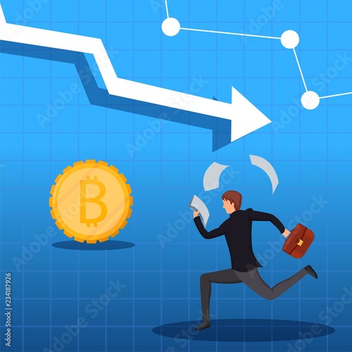 Man runs in panic dropping paper. The collapse of the Bitcoin market, falling stocks, investment outflow, panic in the economic sector of the market. Stock news vector illustration