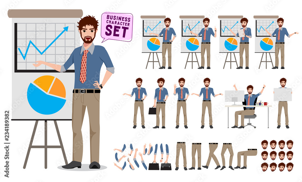 Male business character creation set. Office man cartoon characters showing business presentation while talking with different poses and hand gestures. Vector illustration.
