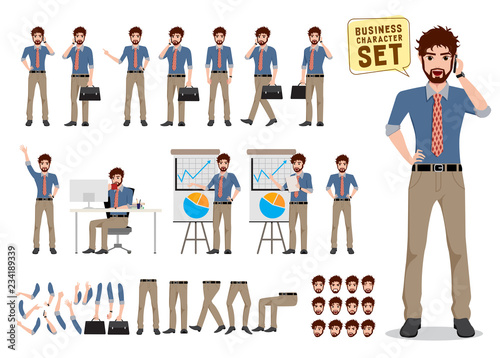 Businessman vector character creation set. Male business cartoon character holding mobile phone and talking with different poses and hand gesture for business presentation. Vector illustration.
