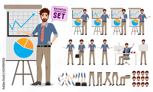 Male business character creation set. Office man cartoon characters showing business presentation while talking with different poses and hand gestures. Vector illustration. 