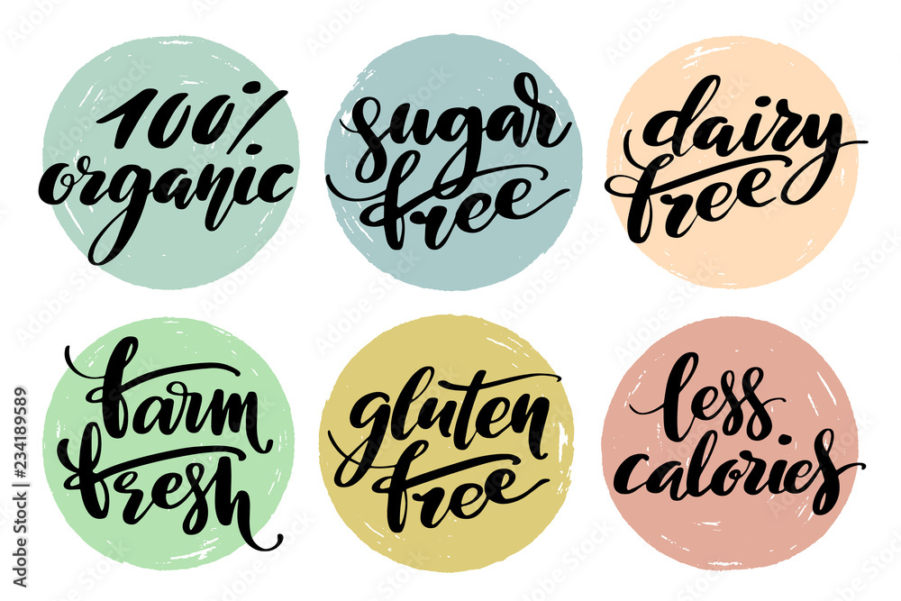 Healthy food label set. Product labels or stickers. Free from gluten, dairy and sugar food label set. 100 percent organic, farm fresh, less calories words by brush on circle backgrounds.