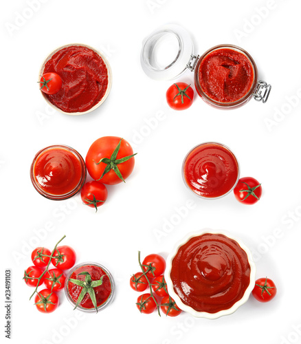 Set with tomato sauce on white background, top view