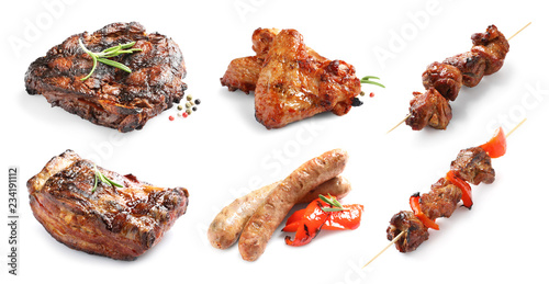 Set with delicious meat on white background. Barbecue recipes