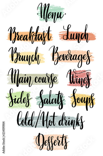 Hand drawn lettering. Vector illustration. Menu for restaurant by hand on artistic textured spots. Various food related words by hand.