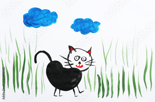 Colorful children painting of black cat on white background