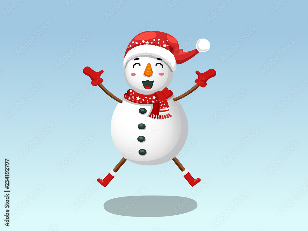 Cute Funny Snowman isolated on blue background. Merry Christmas and happy new year. decorative element on holiday. Vector illustration. Cute Funny Snowman isolated on blue background. Merry Christmas and happy new year. decorative element on holiday. Vector illustration.