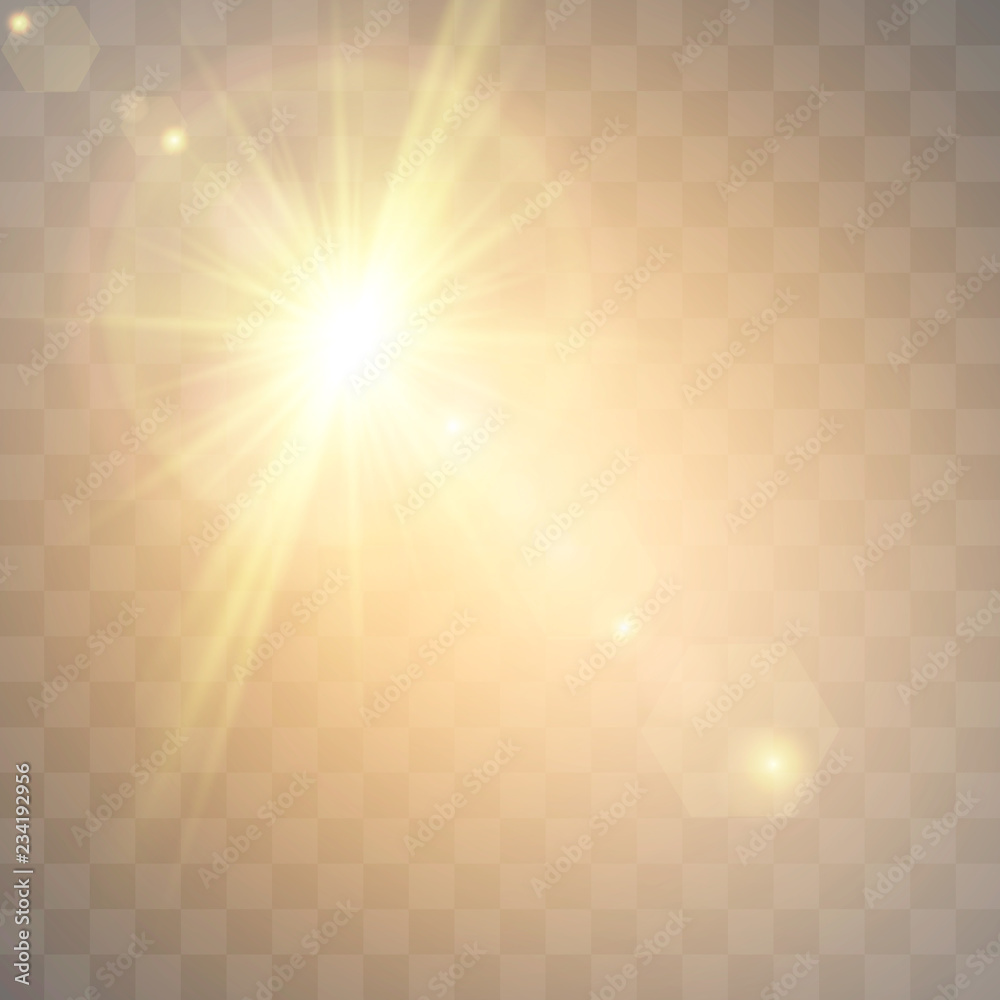 Sunlight on a transparent background. Glow light effects. Star flashed sequins. Sun glare on transparent background. the lens sparkles.