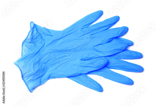 Medical gloves on white background, top view photo