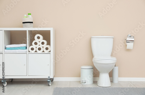 Modern bathroom interior. Storage of toilet paper rolls