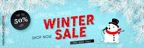 Winter sale, seasonal horizontal banner with snowman, snowfall, snow, vector