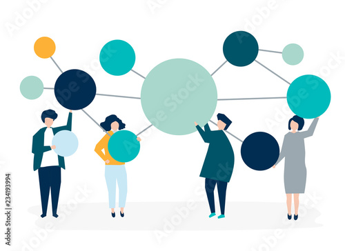 People holding connected copy space circle icons illustration