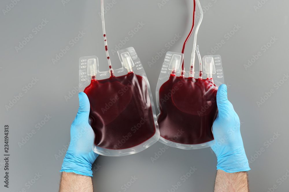Doctor in gloves holding blood packs on gray background, top view. Donation day