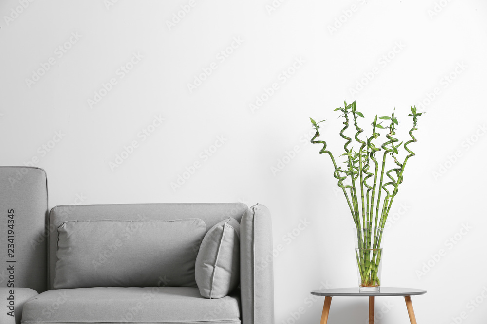 Vase with green bamboo on table near sofa in room. Space for text - obrazy, fototapety, plakaty 