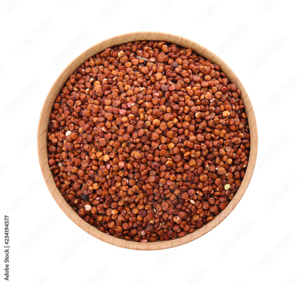 Bowl with red quinoa on white background, top view Bowl with red quinoa on white background, top view
