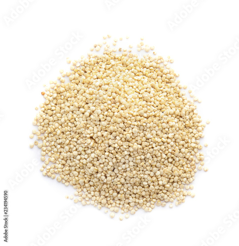 Pile of raw quinoa on white background, top view